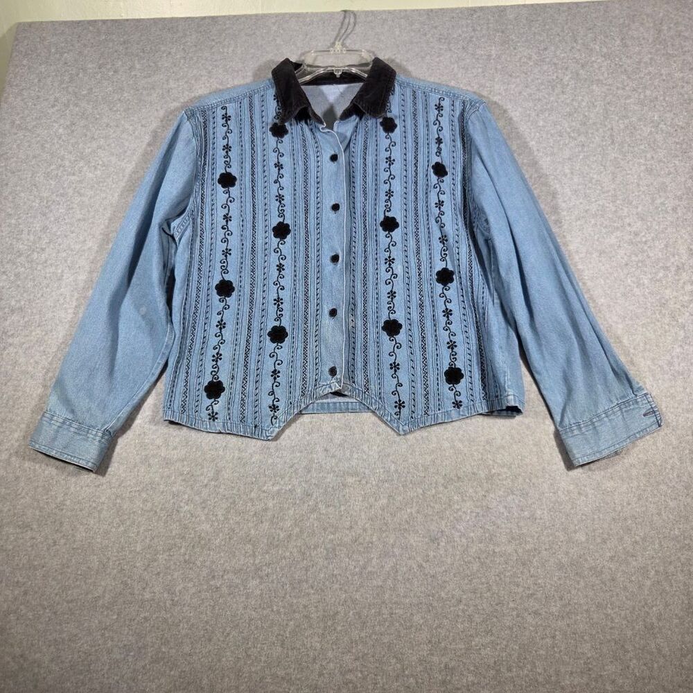 Vintage Denim Jacket Shirt M Black Floral Embroidery Corduroy Collar Western